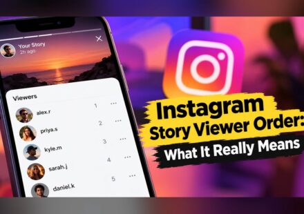 Instagram story viewer list on a phone showing five ranked viewers, beside the title Instagram Story Viewer Order: What It Really Means