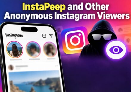Phone showing an Instagram feed beside a hooded figure in sunglasses and an eye icon, under the title InstaPeep and Other Anonymous Instagram Viewers