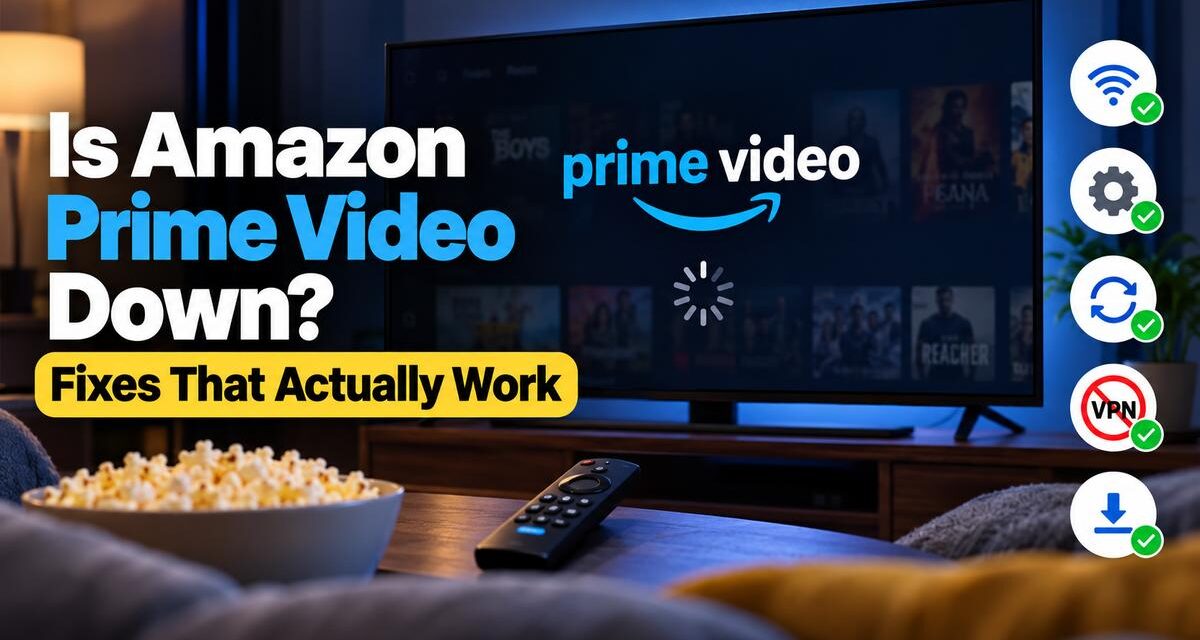 TV showing the Prime Video logo with a loading spinner, next to a remote and a bowl of popcorn, with icons for common fixes