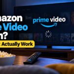 TV showing the Prime Video logo with a loading spinner, next to a remote and a bowl of popcorn, with icons for common fixes