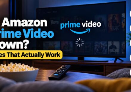 TV showing the Prime Video logo with a loading spinner, next to a remote and a bowl of popcorn, with icons for common fixes