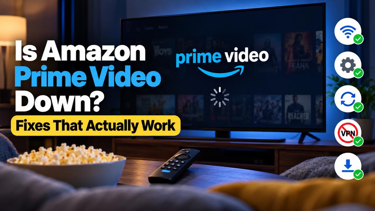 TV showing the Prime Video logo with a loading spinner, next to a remote and a bowl of popcorn, with icons for common fixes