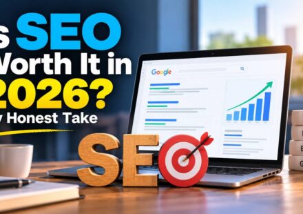Is SEO worth it in 2026? Laptop showing Google search results and a rising growth chart, with wooden SEO letters and a target on a desk.