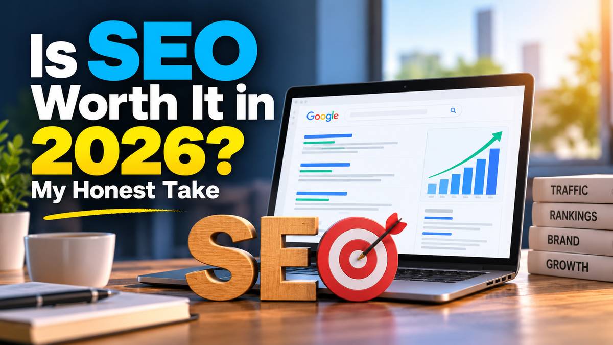 Is SEO worth it in 2026? Laptop showing Google search results and a rising growth chart, with wooden SEO letters and a target on a desk.