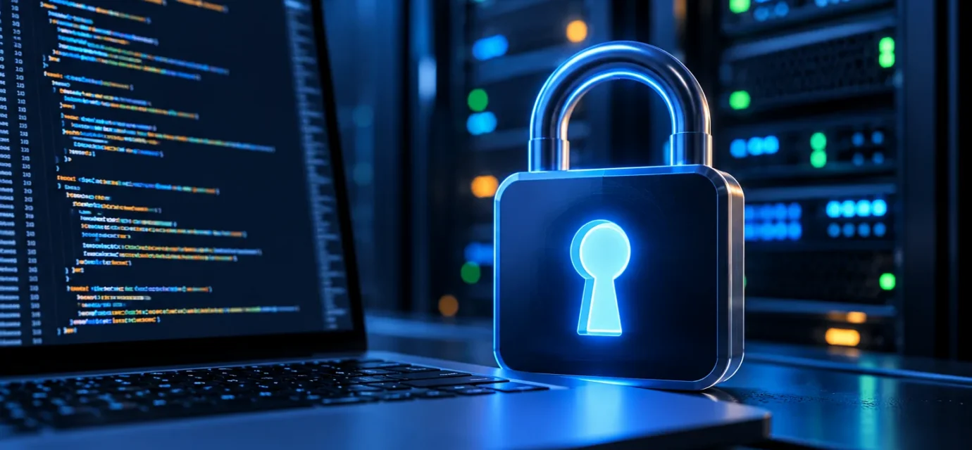 Padlock beside a laptop showing code in a server room, illustrating the LiteLLM supply chain attack
