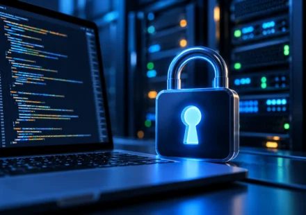 Padlock beside a laptop showing code in a server room, illustrating the LiteLLM supply chain attack