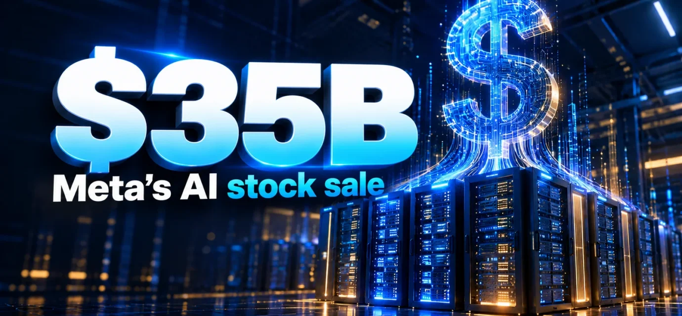 Illustration of an AI data center with a glowing dollar sign and the text “$35B Meta’s AI stock sale.”