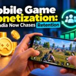 Hands holding a phone playing a battle royale mobile game, with gold coins and a rising retention graph, illustrating mobile game monetization in India