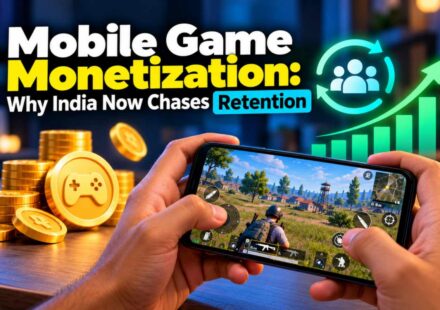 Hands holding a phone playing a battle royale mobile game, with gold coins and a rising retention graph, illustrating mobile game monetization in India