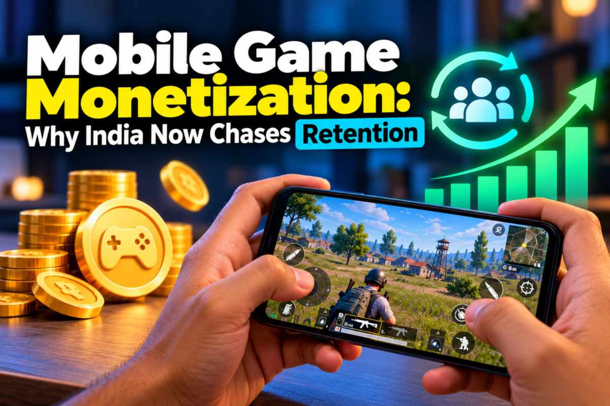 Hands holding a phone playing a battle royale mobile game, with gold coins and a rising retention graph, illustrating mobile game monetization in India