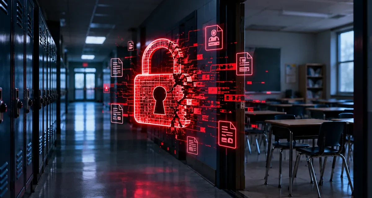 Broken red padlock over a dark school hallway, representing the Navigate360 school tip data breach