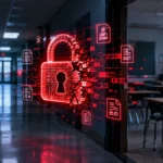 Broken red padlock over a dark school hallway, representing the Navigate360 school tip data breach