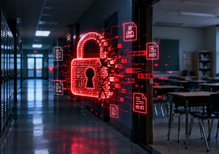 Broken red padlock over a dark school hallway, representing the Navigate360 school tip data breach