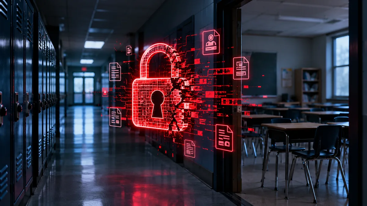 Broken red padlock over a dark school hallway, representing the Navigate360 school tip data breach