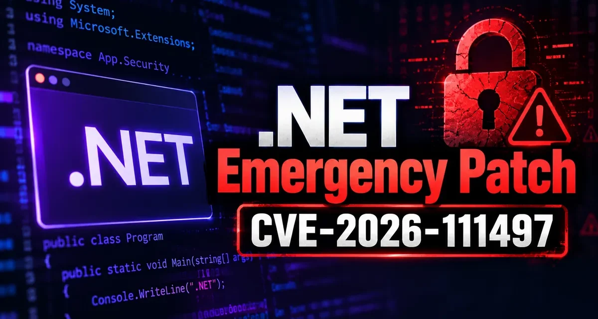 .NET emergency patch graphic for CVE-2026-111497 with a red padlock and warning sign over code