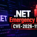 Microsoft Pushes Emergency .NET Updates to Fix Critical Brotli Flaw .NET emergency patch graphic for CVE-2026-111497 with a red padlock and warning sign over code