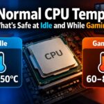 Normal CPU temp guide showing a CPU chip, with an idle range of 30 to 50°C and a gaming range of 60 to 85°C