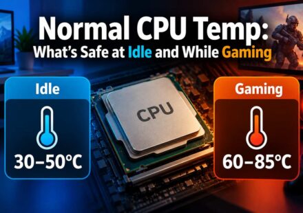 Normal CPU temp guide showing a CPU chip, with an idle range of 30 to 50°C and a gaming range of 60 to 85°C