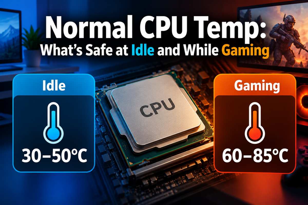 Normal CPU temp guide showing a CPU chip, with an idle range of 30 to 50°C and a gaming range of 60 to 85°C