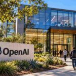 OpenAI headquarters entrance with the OpenAI logo on a concrete sign, a modern glass building, and people walking toward the doors on a sunny day