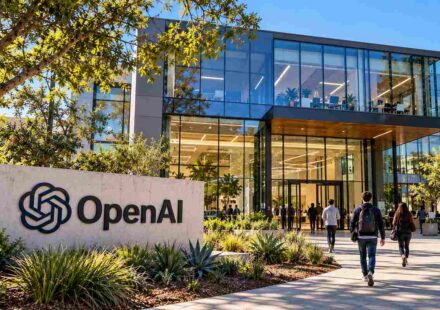 OpenAI headquarters entrance with the OpenAI logo on a concrete sign, a modern glass building, and people walking toward the doors on a sunny day