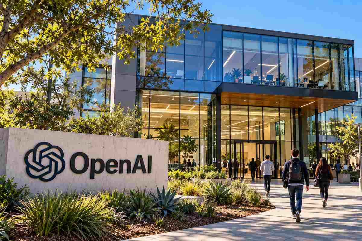 OpenAI headquarters entrance with the OpenAI logo on a concrete sign, a modern glass building, and people walking toward the doors on a sunny day