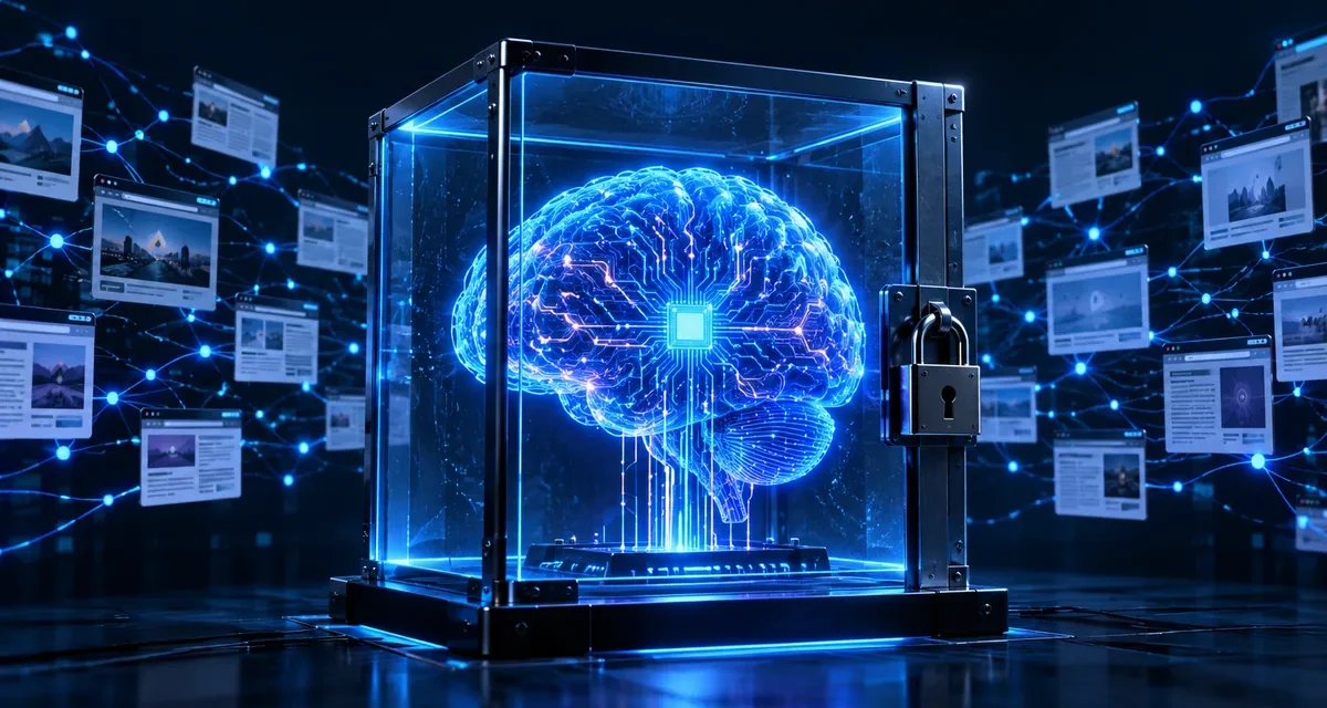AI brain locked inside a glass box, cut off from a network of web pages