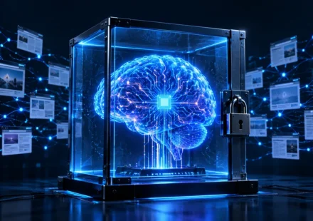 AI brain locked inside a glass box, cut off from a network of web pages