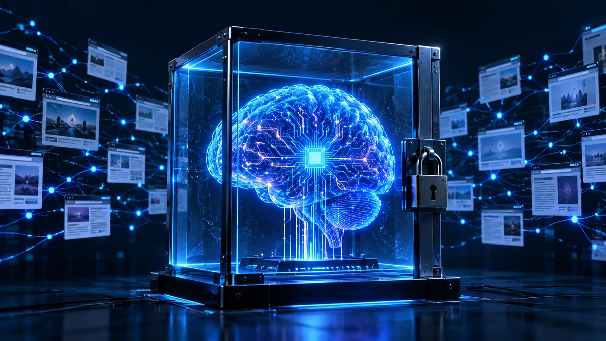 AI brain locked inside a glass box, cut off from a network of web pages