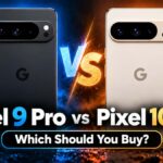 Pixel 9 Pro vs Pixel 10 Pro back view comparison, a black Pixel 9 Pro and a porcelain Pixel 10 Pro with the text “Which Should You Buy?