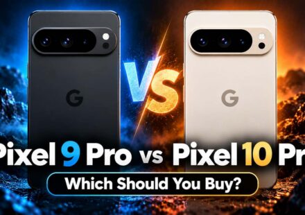 Pixel 9 Pro vs Pixel 10 Pro back view comparison, a black Pixel 9 Pro and a porcelain Pixel 10 Pro with the text “Which Should You Buy?