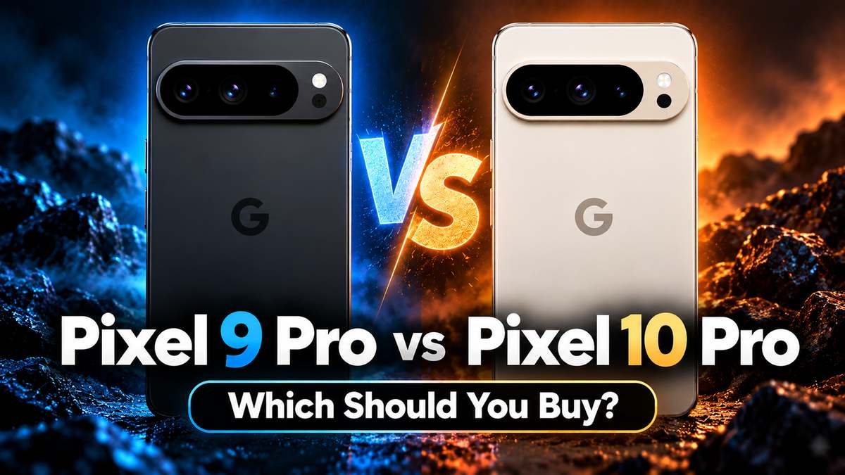 Pixel 9 Pro vs Pixel 10 Pro back view comparison, a black Pixel 9 Pro and a porcelain Pixel 10 Pro with the text “Which Should You Buy?
