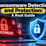Ransomware detection and protection illustration showing a laptop screen with a red padlock and ransomware warning, locked files, and a blue security shield connected to icons for threat detection, firewall, backup and verification