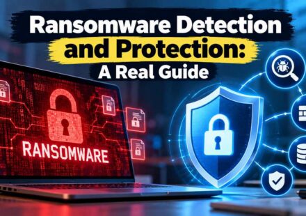 Ransomware detection and protection illustration showing a laptop screen with a red padlock and ransomware warning, locked files, and a blue security shield connected to icons for threat detection, firewall, backup and verification