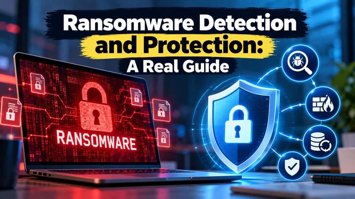 Ransomware detection and protection illustration showing a laptop screen with a red padlock and ransomware warning, locked files, and a blue security shield connected to icons for threat detection, firewall, backup and verification