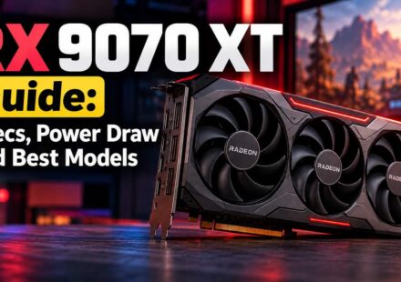 RX 9070 XT guide: an AMD Radeon RX 9070 XT graphics card with three fans and red lighting on a desk