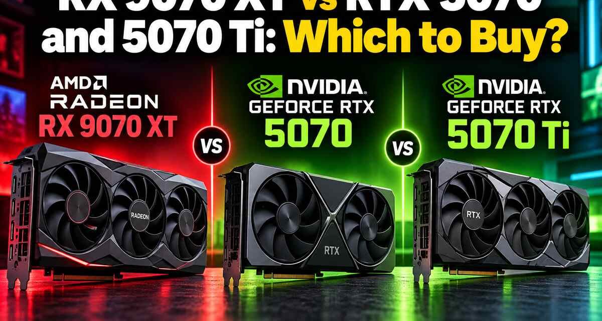 RX 9070 XT vs RTX 5070 and RTX 5070 Ti graphics cards side by side with AMD and Nvidia logos