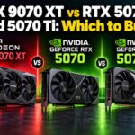 RX 9070 XT vs RTX 5070 and RTX 5070 Ti graphics cards side by side with AMD and Nvidia logos