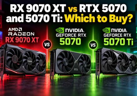 RX 9070 XT vs RTX 5070 and RTX 5070 Ti graphics cards side by side with AMD and Nvidia logos