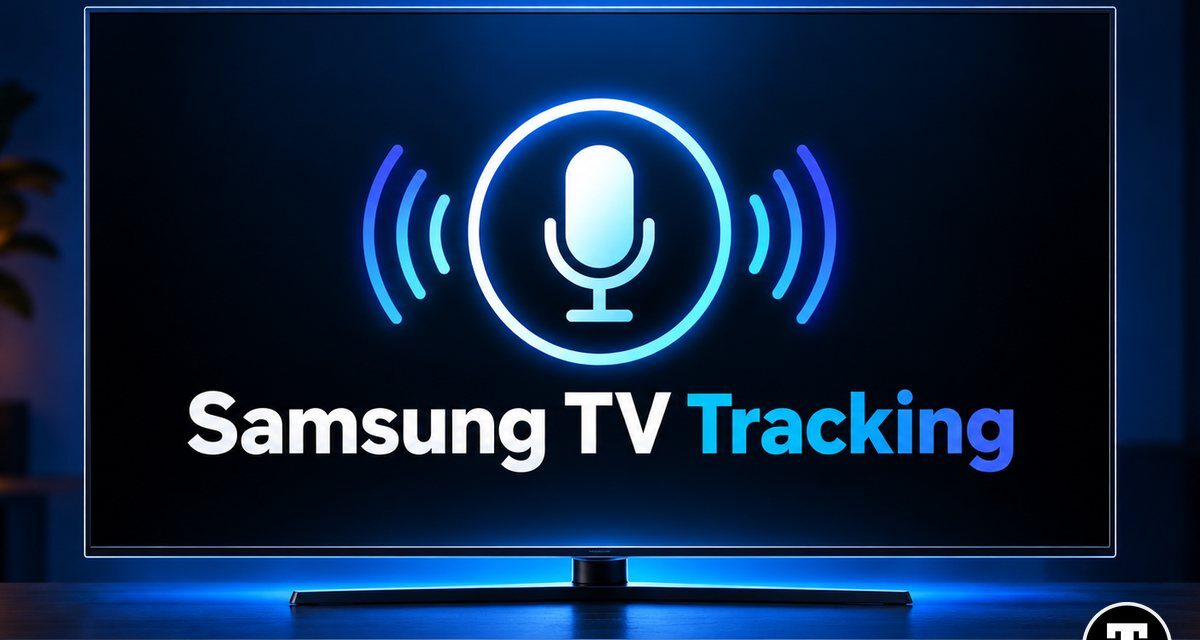 Samsung TV screen showing a glowing microphone icon with the words Samsung TV Tracking