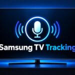 Samsung TV screen showing a glowing microphone icon with the words Samsung TV Tracking