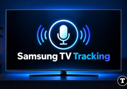 Samsung TV screen showing a glowing microphone icon with the words Samsung TV Tracking