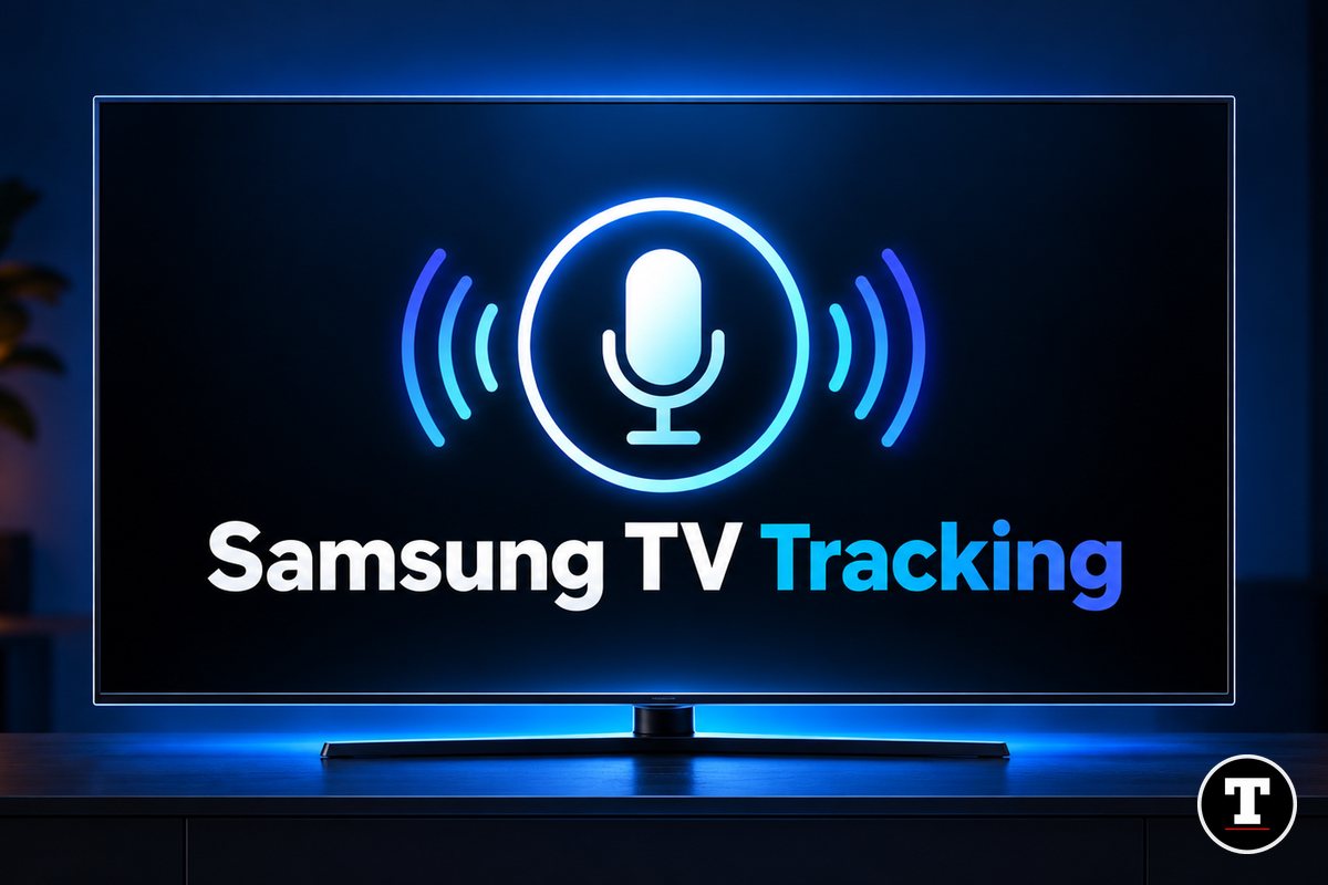 Samsung TV screen showing a glowing microphone icon with the words Samsung TV Tracking