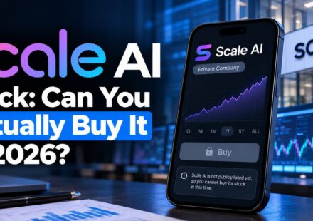 Scale AI stock featured image showing a smartphone app with a locked Buy button and a "Private Company" label, explaining Scale AI is not publicly listed yet, beside the title "Can You Actually Buy It in 2026?