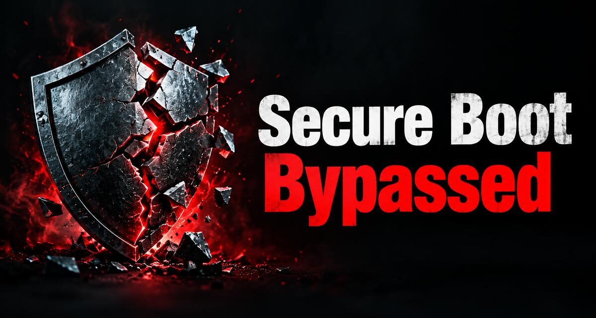Cracked metal shield glowing red next to the words Secure Boot Bypassed, illustrating the BlackX bootkit attack