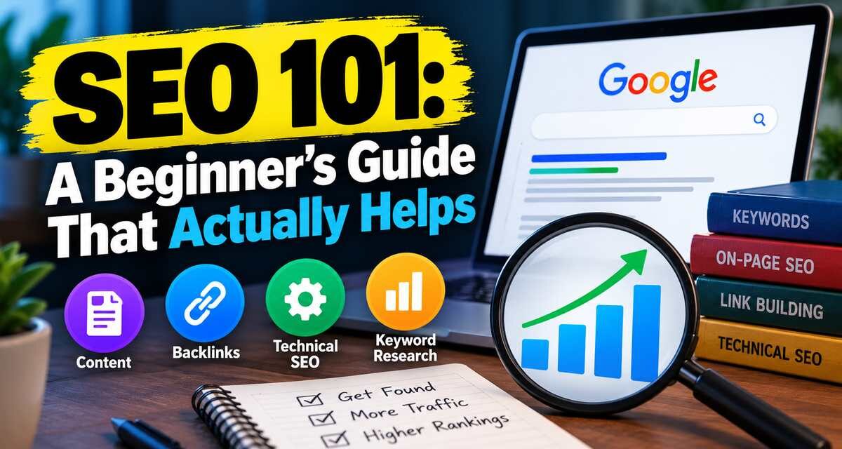 SEO 101 beginner’s guide graphic showing a Google search page on a laptop, a magnifying glass over a rising traffic chart, and icons for content, backlinks, technical SEO and keyword research