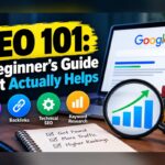 SEO 101: A Beginner’s Guide That Actually Helps SEO 101 beginner’s guide graphic showing a Google search page on a laptop, a magnifying glass over a rising traffic chart, and icons for content, backlinks, technical SEO and keyword research