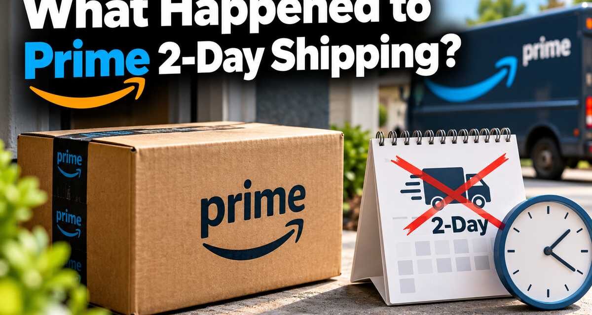 Amazon Prime box on a doorstep next to a calendar with “2-Day” crossed out, a clock and a Prime delivery van, illustrating what happened to Prime 2-day shipping