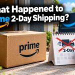 Amazon Prime box on a doorstep next to a calendar with “2-Day” crossed out, a clock and a Prime delivery van, illustrating what happened to Prime 2-day shipping