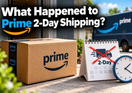 Amazon Prime box on a doorstep next to a calendar with “2-Day” crossed out, a clock and a Prime delivery van, illustrating what happened to Prime 2-day shipping